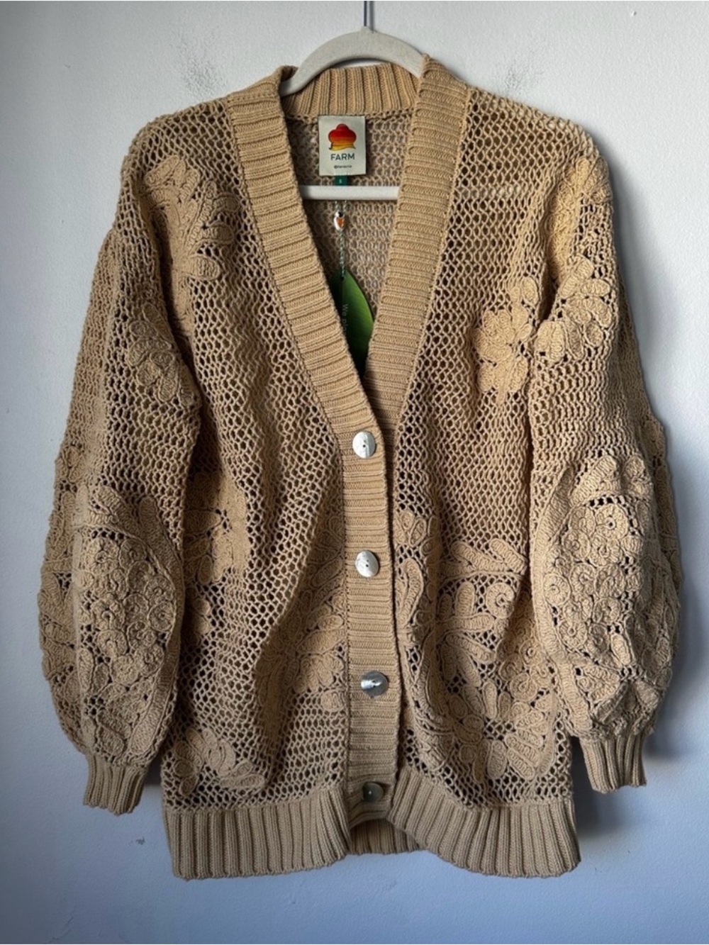 FARM Rio Beige Crochet Floral Open-Knit Cardigan - Picture 2 of 4